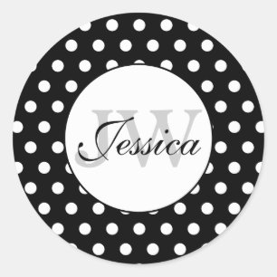 Trendy Black and White polka dots pattern Monogram Classic Round Sticker