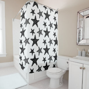 Trendy Black and White Starfish Pattern Shower Curtain