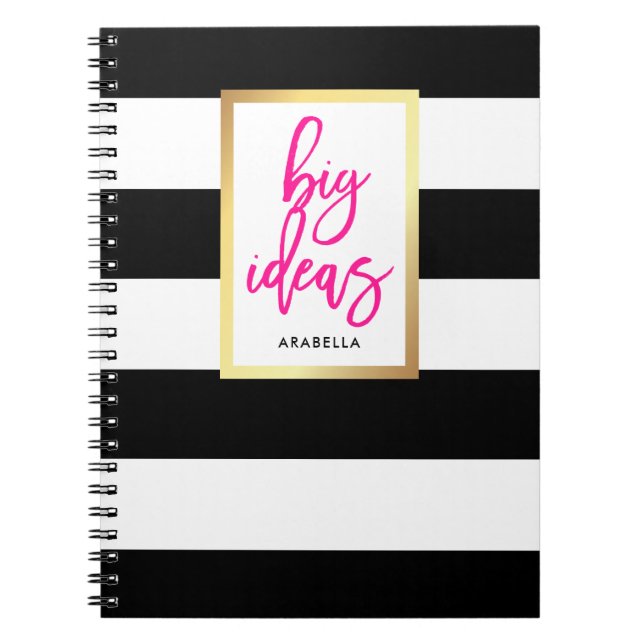 Trendy Black and White Stripes Gold and Typography Notebook (Front)