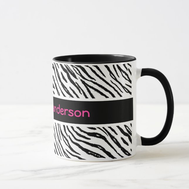 Trendy Black and White Tiger Stripes Pink Name Mug (Right)