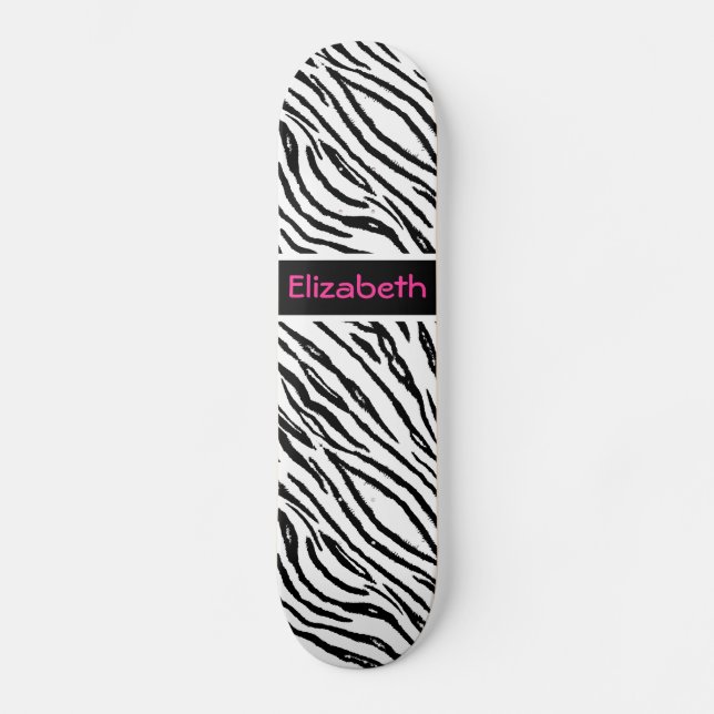 Trendy Black and White Tiger Stripes Pink Name Skateboard (Front)