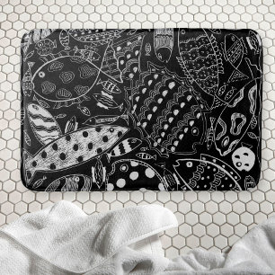 Trendy Black And White Whimsical Fish Pattern Bath Mat