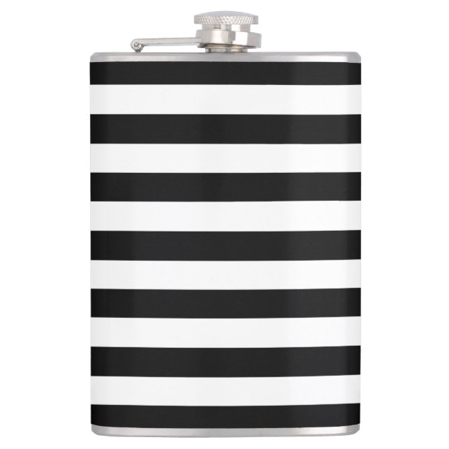 Trendy Black and White Wide Horizontal Stripes Hip Flask (Front)