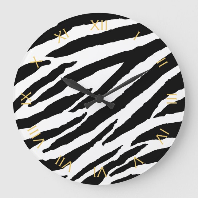 Trendy Black And White Zebra Animal Pattern Large Clock (Front)