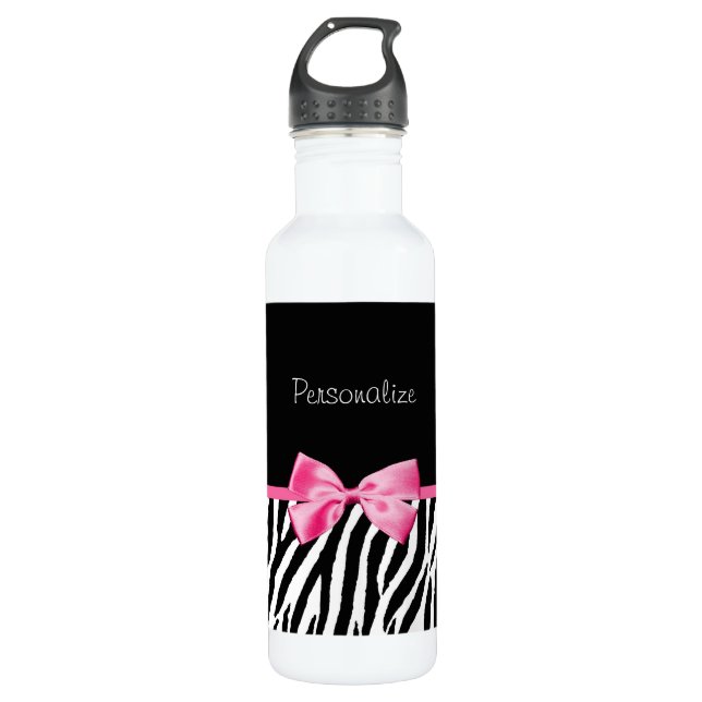 Trendy Black And White Zebra Print Pink Ribbon 710 Ml Water Bottle (Front)