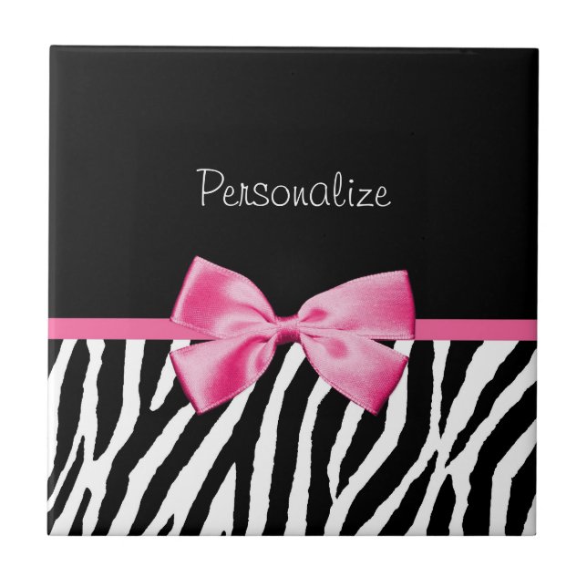 Trendy Black And White Zebra Print Pink Ribbon Ceramic Tile (Front)