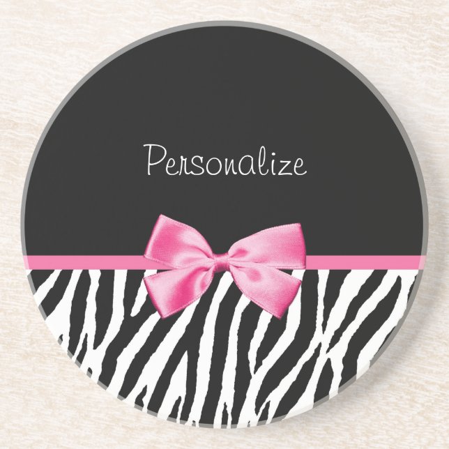 Trendy Black And White Zebra Print Pink Ribbon Coaster (Front)