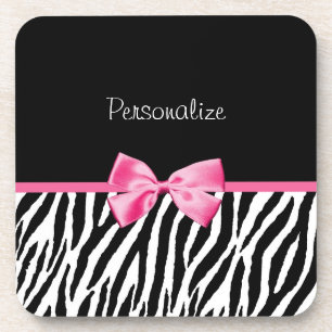 Trendy Black And White Zebra Print Pink Ribbon Coaster