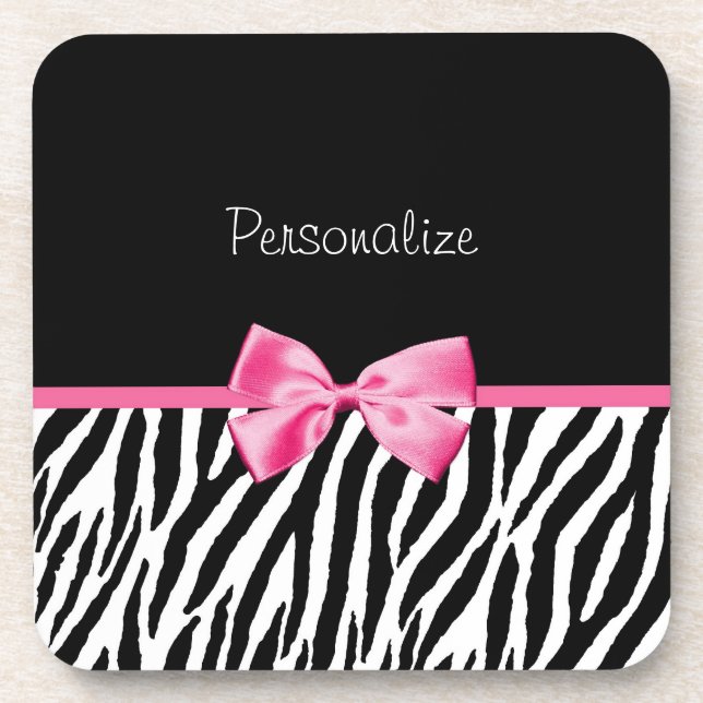 Trendy Black And White Zebra Print Pink Ribbon Coaster (Front)