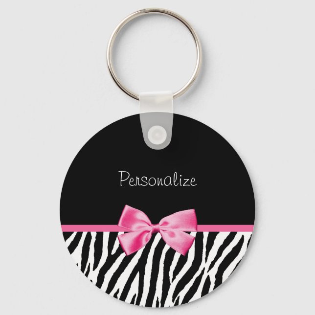 Trendy Black And White Zebra Print Pink Ribbon Key Ring (Front)