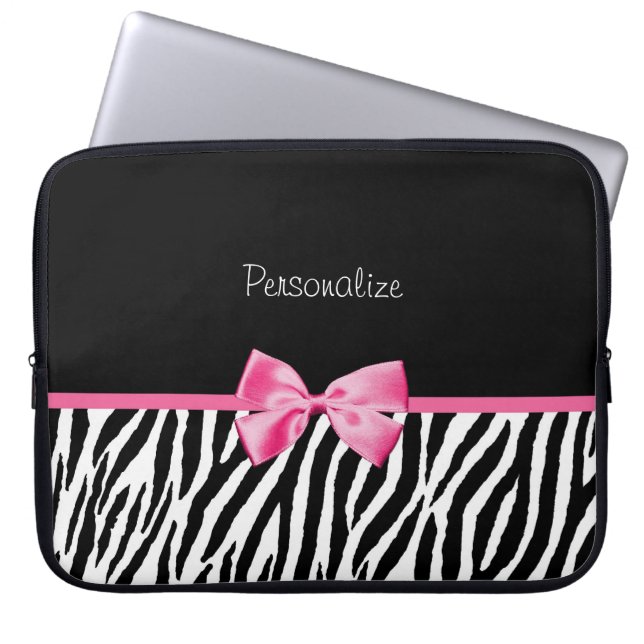 Trendy Black And White Zebra Print Pink Ribbon Laptop Sleeve (Front)