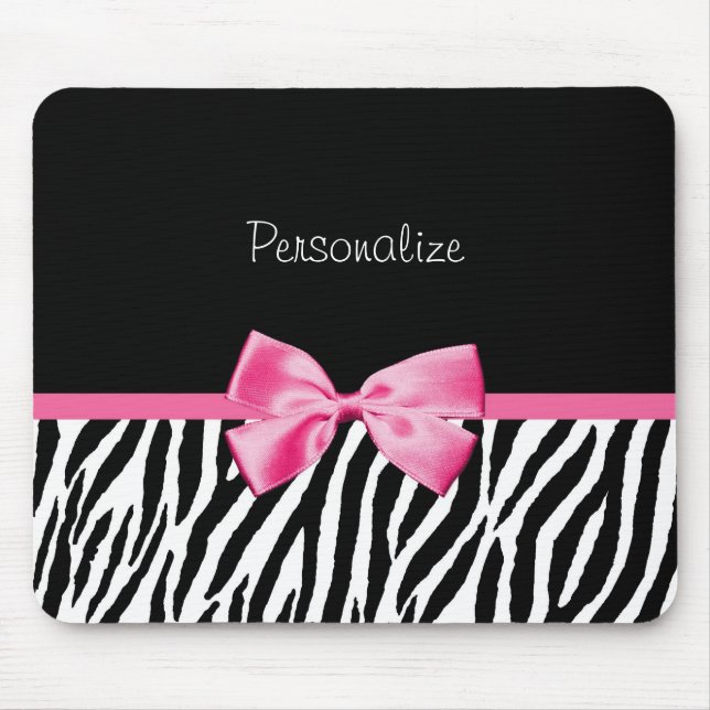 Trendy Black And White Zebra Print Pink Ribbon Mouse Pad (Front)