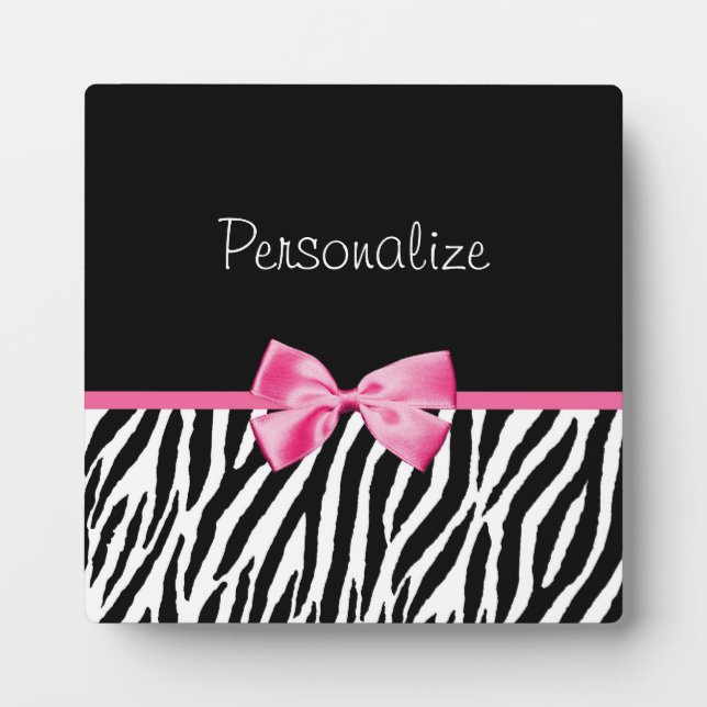 Trendy Black And White Zebra Print Pink Ribbon Plaque (Front)