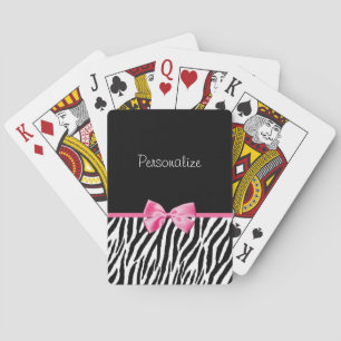 Trendy Black And White Zebra Print Pink Ribbon Playing Cards
