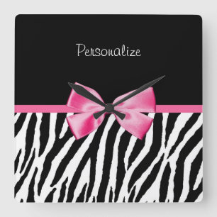 Trendy Black And White Zebra Print Pink Ribbon Square Wall Clock