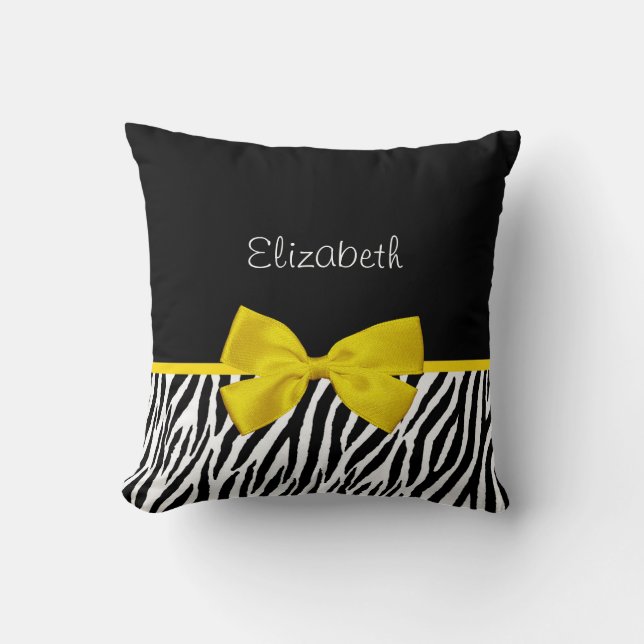 Trendy Black And White Zebra Print Yellow Ribbon Cushion (Front)