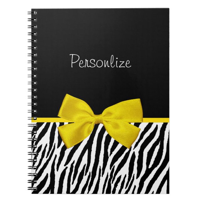 Trendy Black And White Zebra Print Yellow Ribbon Notebook (Front)