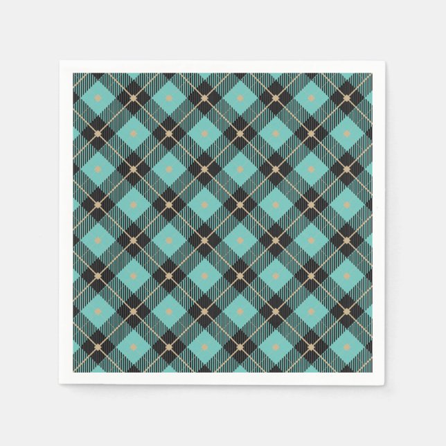 Trendy Black Aqua Plaid Napkin (Front)
