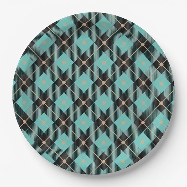 Trendy Black Aqua Plaid Pattern Paper Plate (Front)