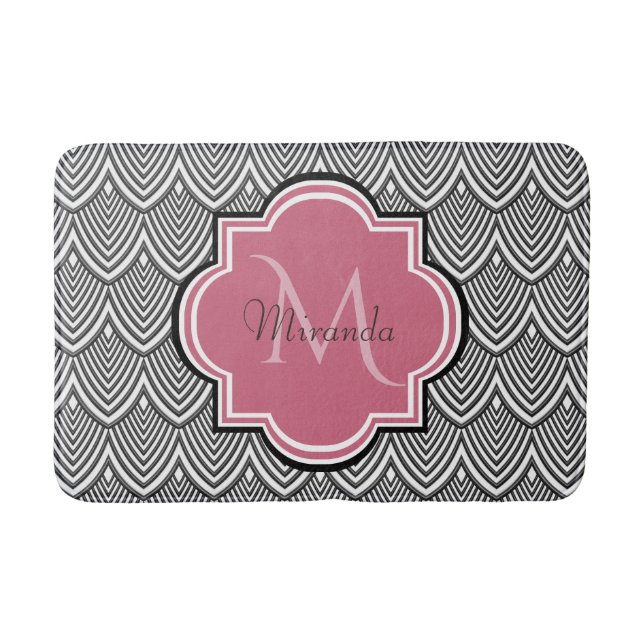 Trendy Black Arched Scallops Pink Monogram Name Bath Mat (Front)