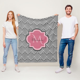 Trendy Black Arched Scallops Pink Monogram Name Fleece Blanket
