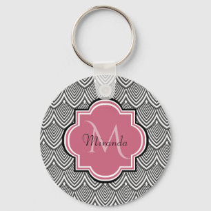 Trendy Black Arched Scallops Pink Monogram Name Key Ring