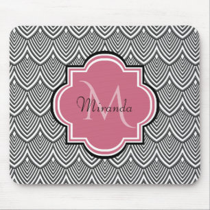Trendy Black Arched Scallops Pink Monogram Name Mouse Pad