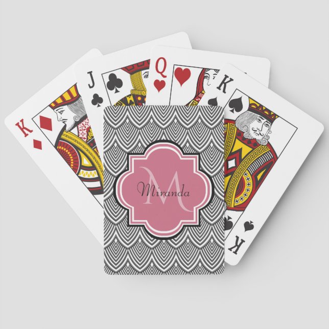 Trendy Black Arched Scallops Pink Monogram Name Playing Cards (Back)