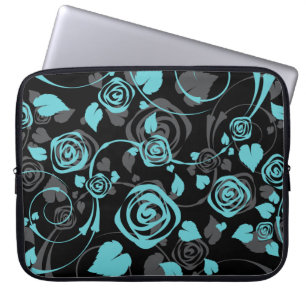 Trendy Black & Blue Floral Rose Laptop Sleeve