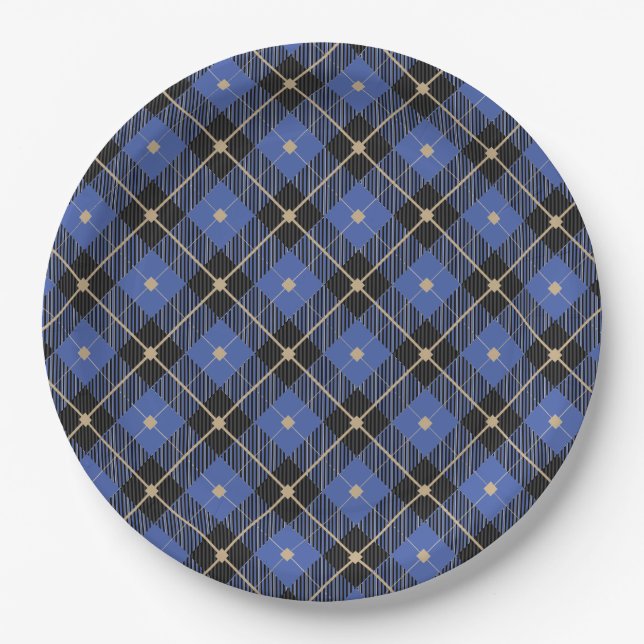 Trendy Black Blue Plaid Pattern Paper Plate (Front)