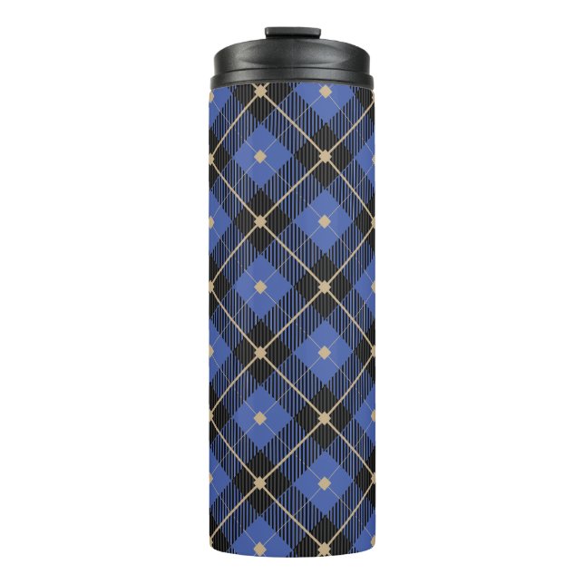 Trendy Black Blue  Plaid Pattern Thermal Tumbler (Front)