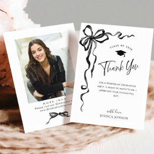 Trendy Black Bow Coquette PHOTO Graduation Thank You Card