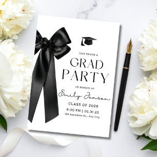 Trendy Black Bow Graduation Party Coquette Grad Invitation