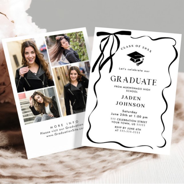 Trendy Black Bow Ribbon 4 PHOTO Graduation Party Invitation (Creator Uploaded)