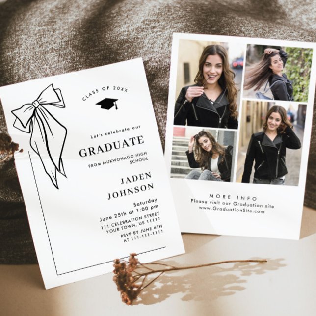 Trendy Black Bow Ribbon 4 PHOTO Graduation Party Invitation (Creator Uploaded)