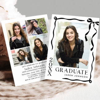 Trendy Black Bow Ribbon 5 PHOTO Graduation Party Invitation