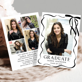 Trendy Black Bow Ribbon 5 PHOTO Graduation Party Invitation