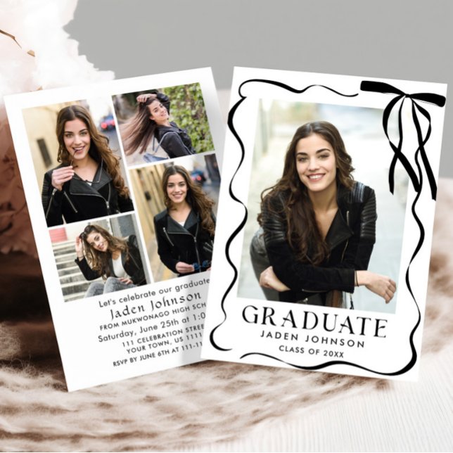 Trendy Black Bow Ribbon 5 PHOTO Graduation Party Invitation (Creator Uploaded)
