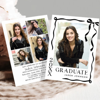 Trendy Black Bow Ribbon 5 PHOTO Graduation Party Invitation