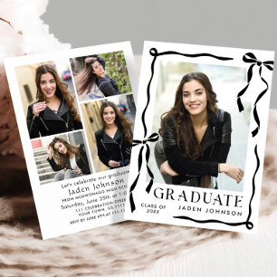 Trendy Black Bow Ribbon 5 PHOTO Graduation Party Invitation