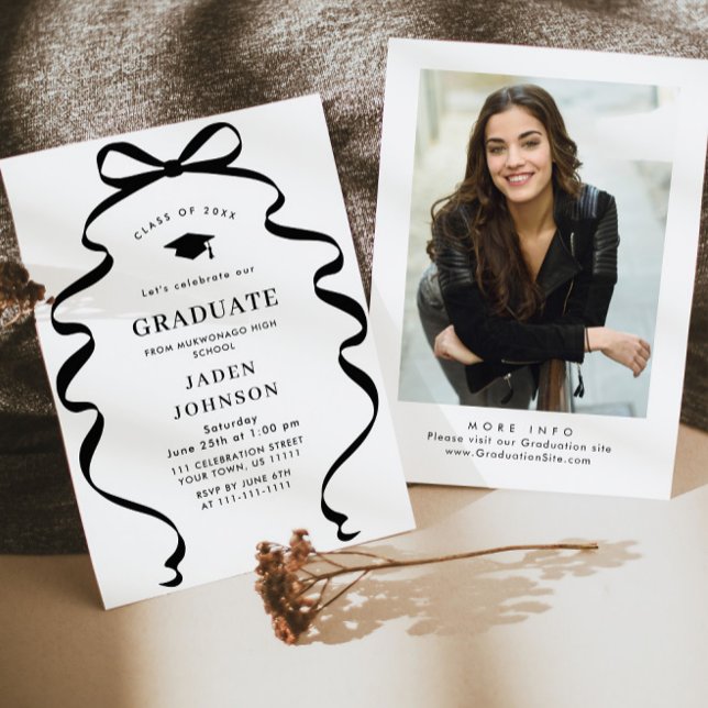 Trendy Black Bow Ribbon PHOTO Graduation Party Invitation (Creator Uploaded)