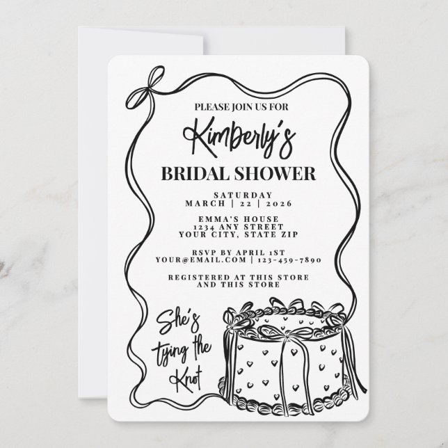 Trendy Black Bow Shes Tying The Knot Bridal Shower Invitation (Front)