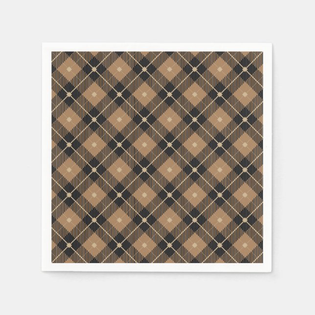Trendy Black Brown Plaid Napkin (Front)