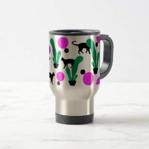 Trendy Black Cat and Cactus Pattern  Travel Mug