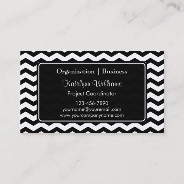 Trendy Black Chevron Zigzag Pattern Business Cards (Front)
