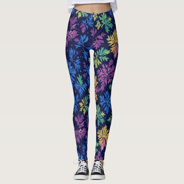 Trendy Black Colourful Leaves Botanical Pattern  Leggings (Front)
