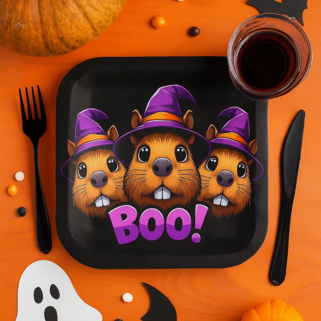 Trendy Black Cute Halloween Capybara Boo Party Paper Plate (Creator Uploaded)