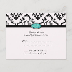 Trendy black damask aqua jewel wedding RSVP card