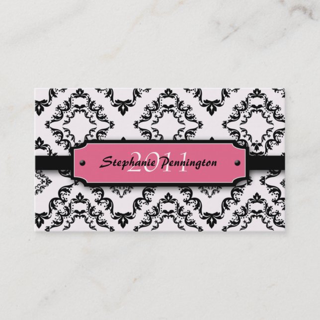 Trendy black damask graduation custom name card (Front)