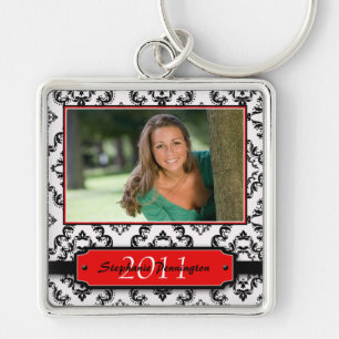 Trendy black damask graduation photo keychain